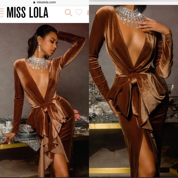 Miss Lola Chestnut / Brown Velvet Bow Maxi Dress - Picture 3 of 4